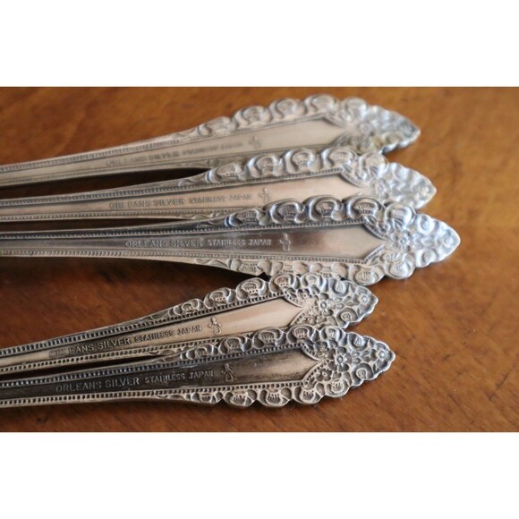 Orleans Silver Black Scroll Floral 5x Dinner Teaspoon Spoon Lot Stainless Japan - Picture 4 of 8
